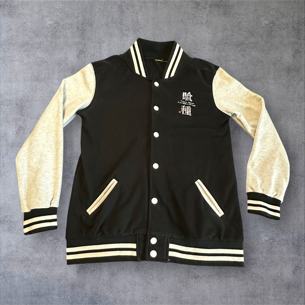 Tokyo Ghoul Varsity Jacket Mens L Black Grey Anime Manga‎ Snap Front Good